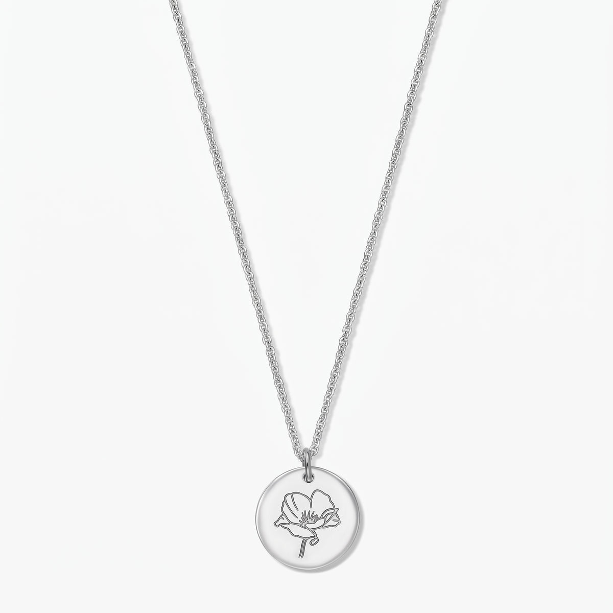 Sterling silver birthflower necklace with a round disc pendant engraved with a poppy flower, shown centered on a white background.