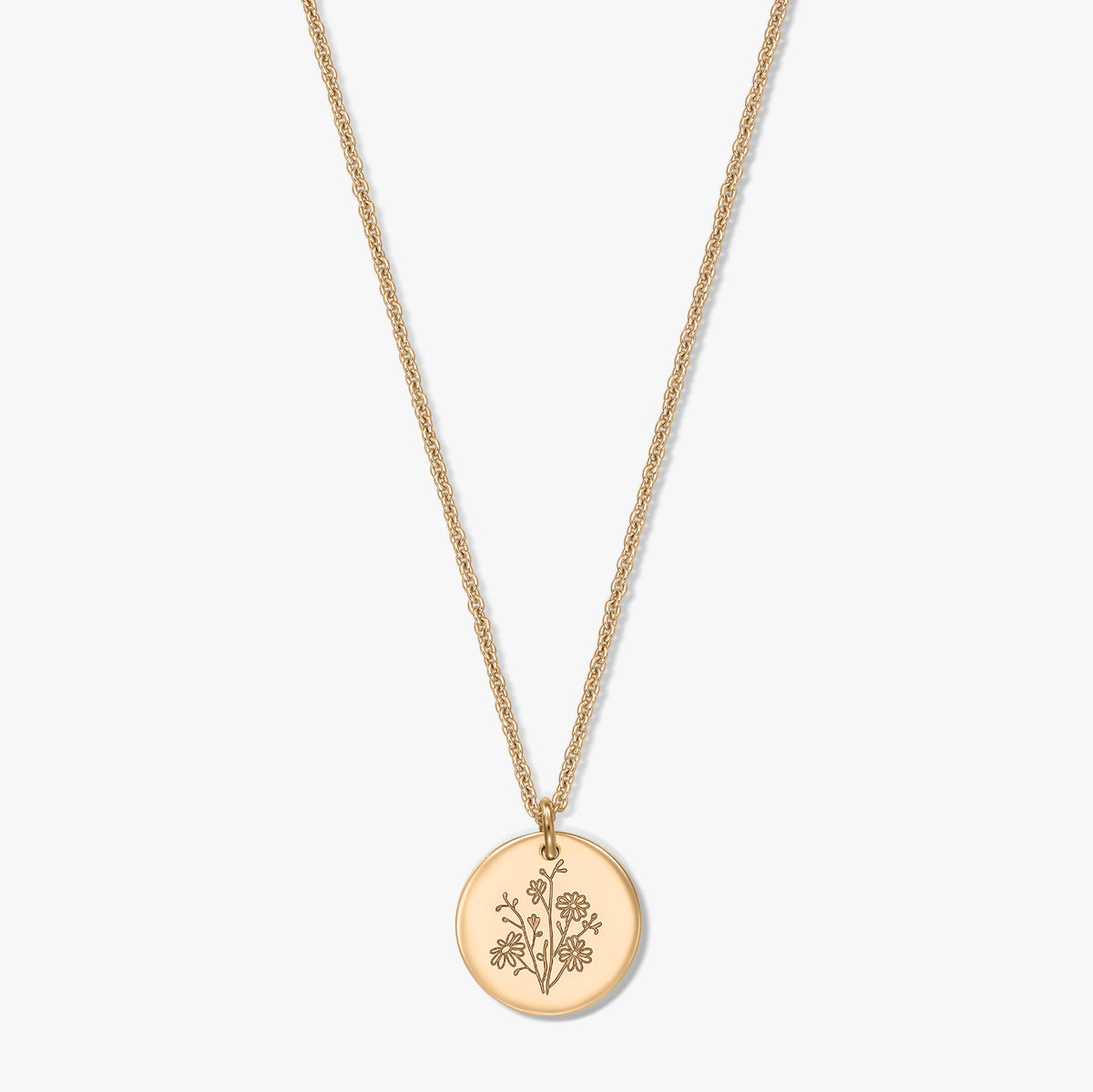 Gold-plated silver necklace with a delicate rope chain and round coin pendant engraved with an aster birthflower, isolated on a white background.