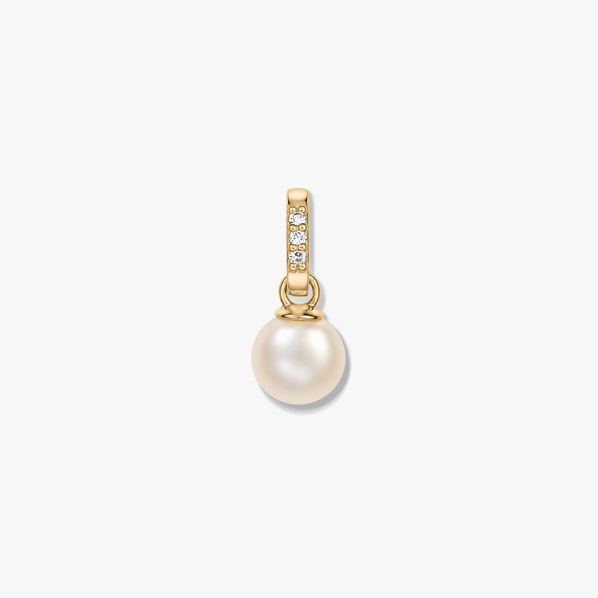Aveline 14K yellow gold pendant with a round cultured pearl and a diamond-accented bail on a white background.