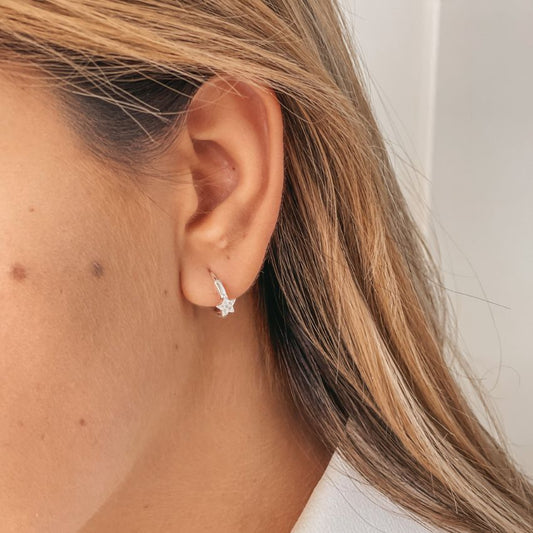 Close-up image of an ear wearing Estella Silver Earrings with Zirconia