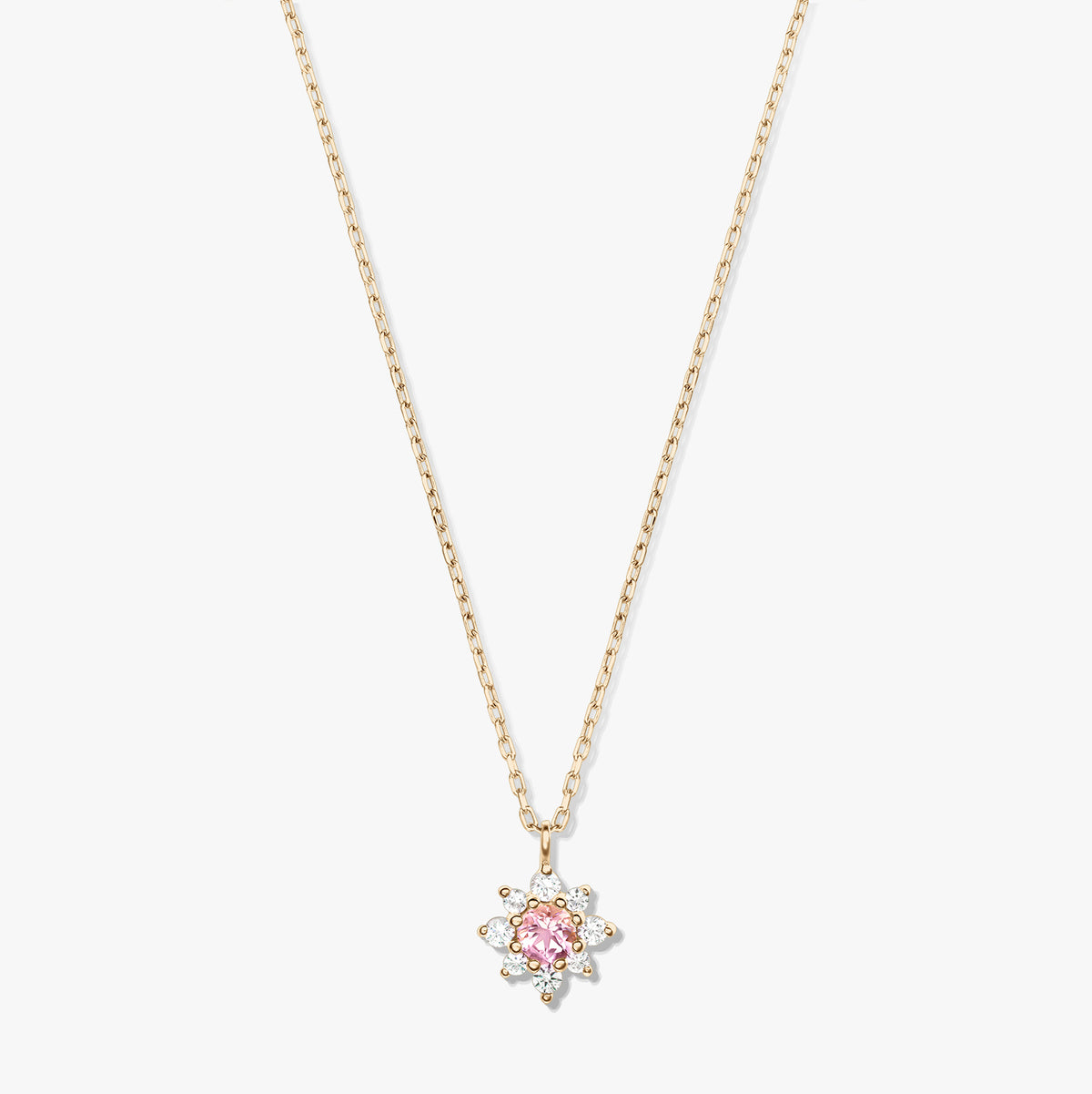 14K yellow gold necklace with a delicate chain and a floral pendant featuring a pink morganite center surrounded by white sapphires on a white background.
