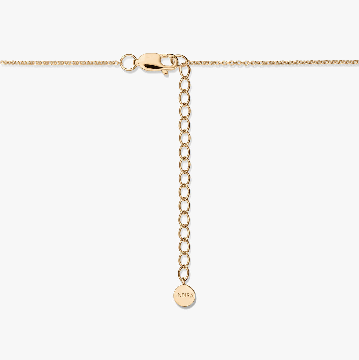 Gold‑plated sterling silver necklace clasp with extender chain and a small INDIRA tag on a white background.