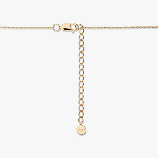 Gold‑plated sterling silver necklace clasp with extender chain and a small INDIRA tag on a white background.