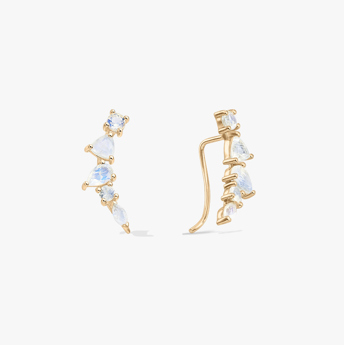 Pair of gold‑tone 925 silver moonstone ear climber cuff earrings on a white background, shown in front and side views with mixed‑cut stones.