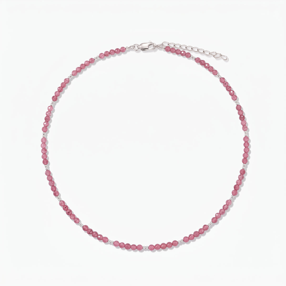 SummerScape silver necklace with pink tourmaline beaded strand, lobster clasp and extender chain, photographed on a white background.