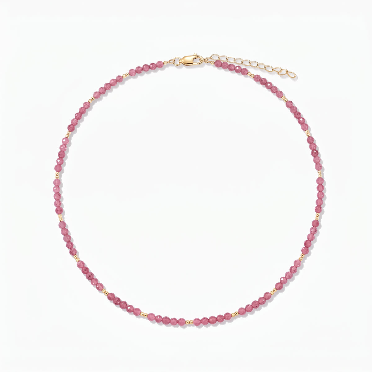 Silver Necklace Golden SummerScape - Tourmaline by Indira: pink tourmaline beaded necklace with small gold accents and a lobster clasp with extender, on a white background.