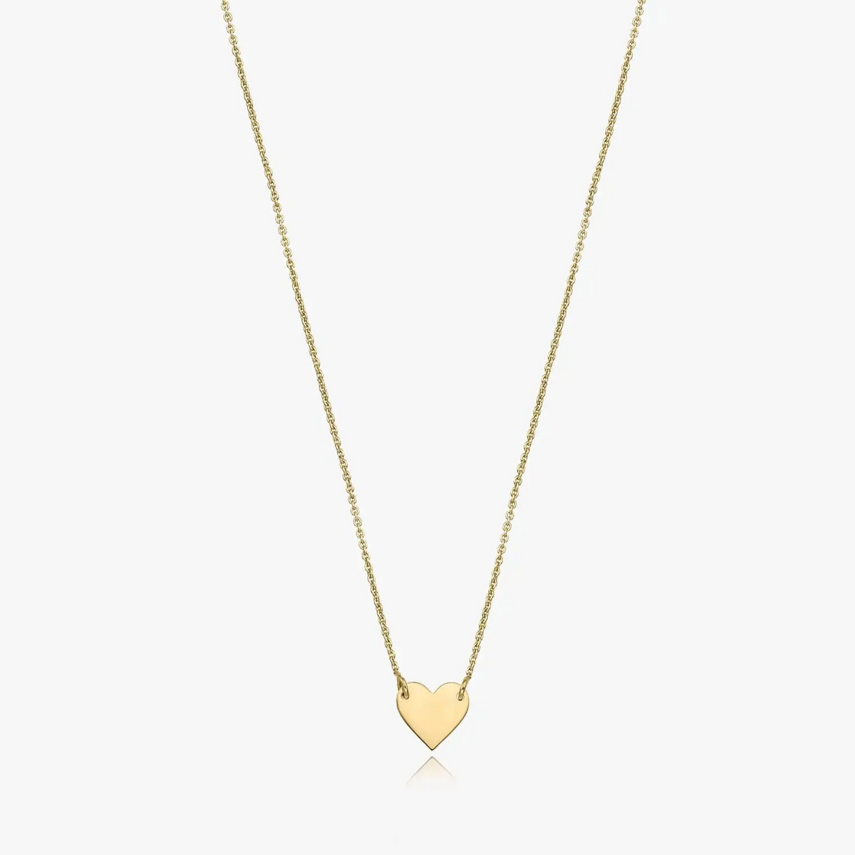 14K gold necklace with a heart-shaped pendant on a white background.