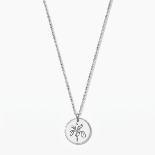 Sterling silver necklace with a round pendant featuring an iris line-art motif on a white background.