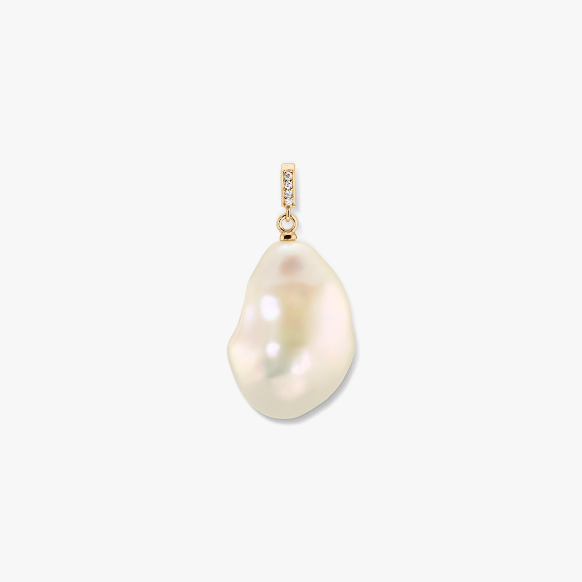 Gold-plated bail pendant featuring a natural baroque white pearl on a white background.