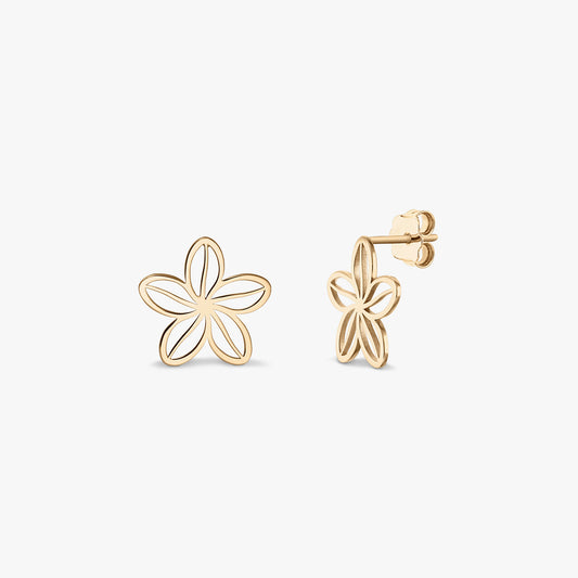 Pair of Wildflower Gold Earrings — 14K yellow gold openwork five-petal flower stud earrings shown front and side on a white background.