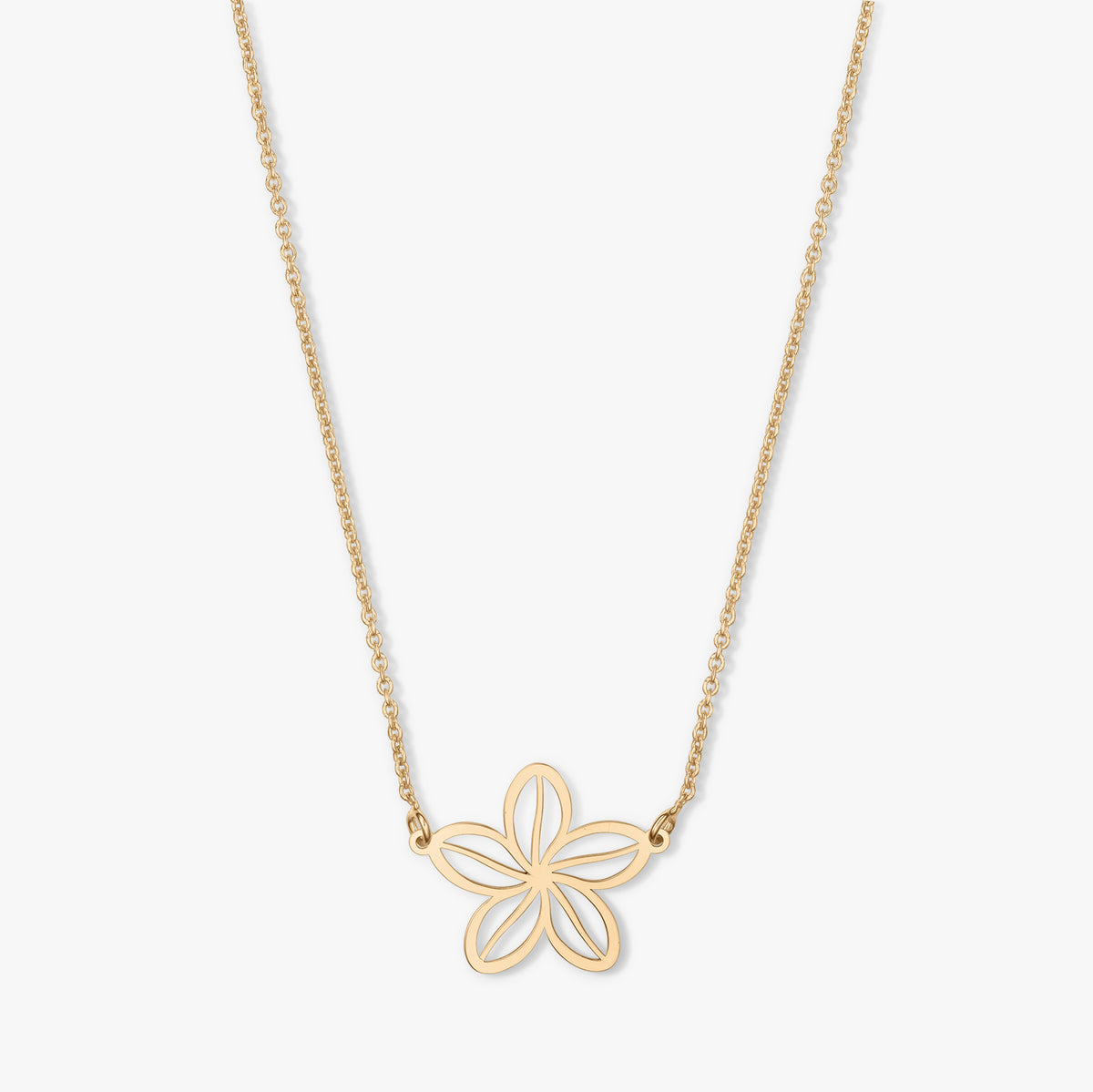Gold necklace with a flower-shaped pendant on a white background.