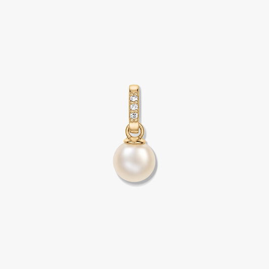 Aveline 14K yellow gold pendant with a round cultured pearl and a diamond-accented bail on a white background.