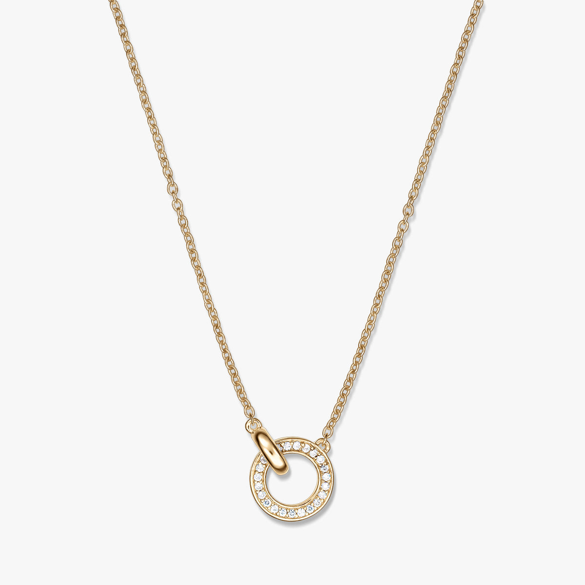 Golden Linked Silver Necklace with a small gold‑tone open circle pendant pavé‑set with clear stones on a fine chain, shown on a white background.