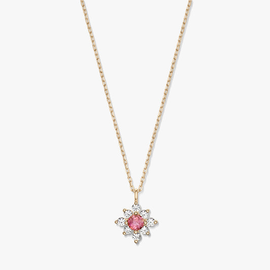 14K gold necklace with a floral pendant featuring a pink tourmaline center surrounded by white sapphires on a white background.