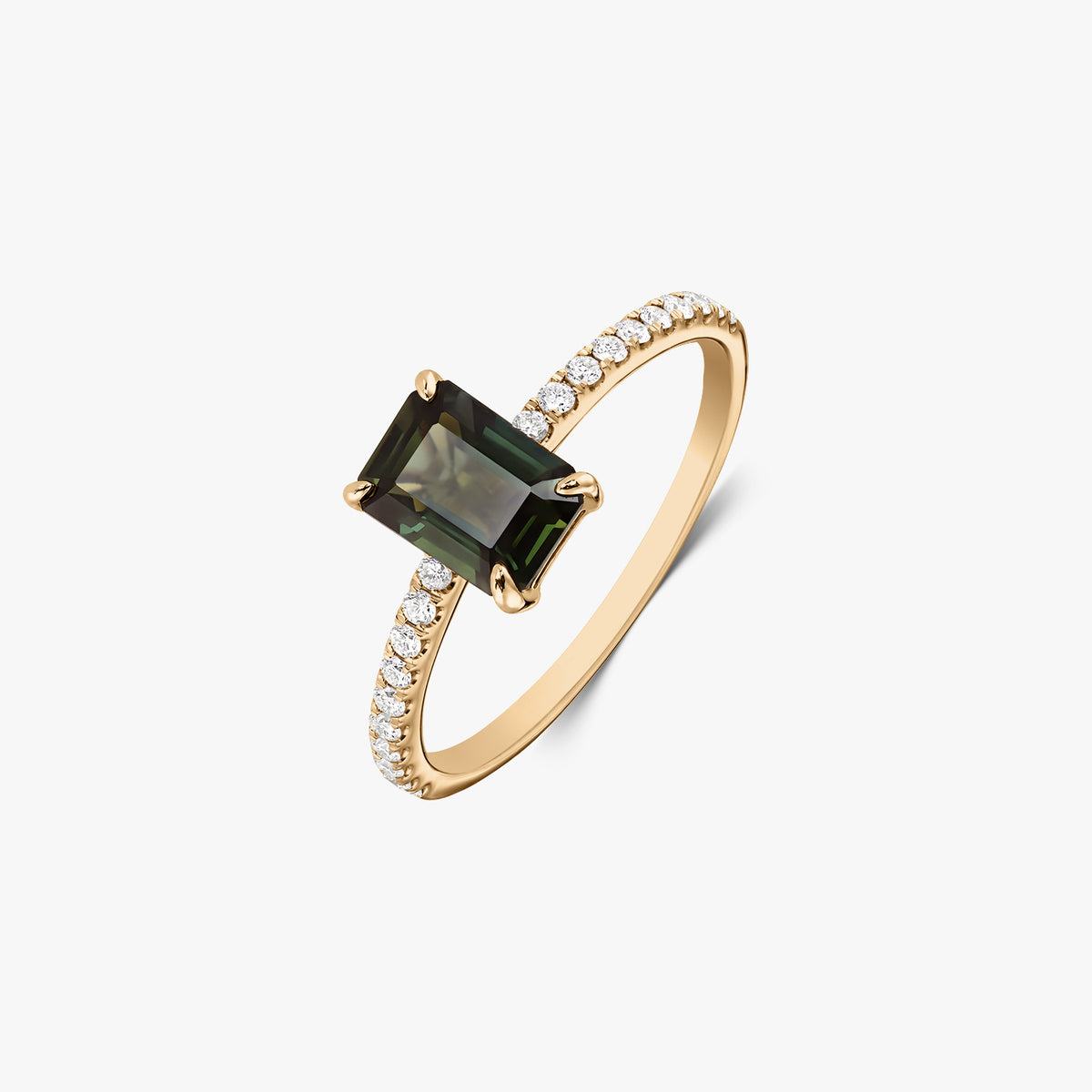 14K yellow gold ring with an emerald-cut green sapphire center and pavé natural diamonds on the band, isolated on a white background.