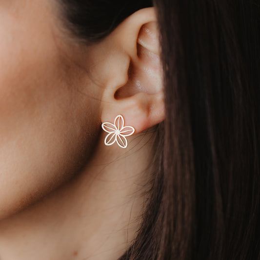 Close-up of an ear wearing a delicate 14K yellow gold openwork flower stud earring.