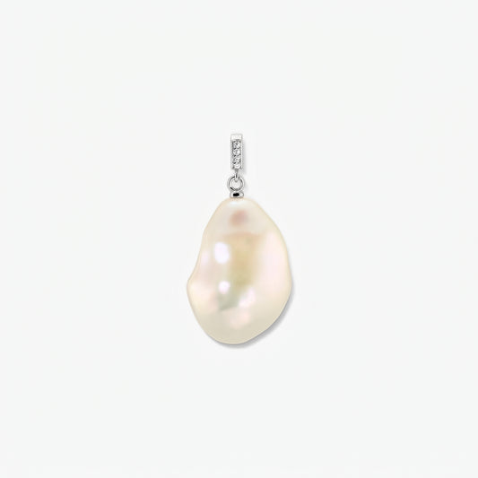 Rhodium-plated baroque pearl pendant with a zirconia-accented bail on a clean white background, centered.
