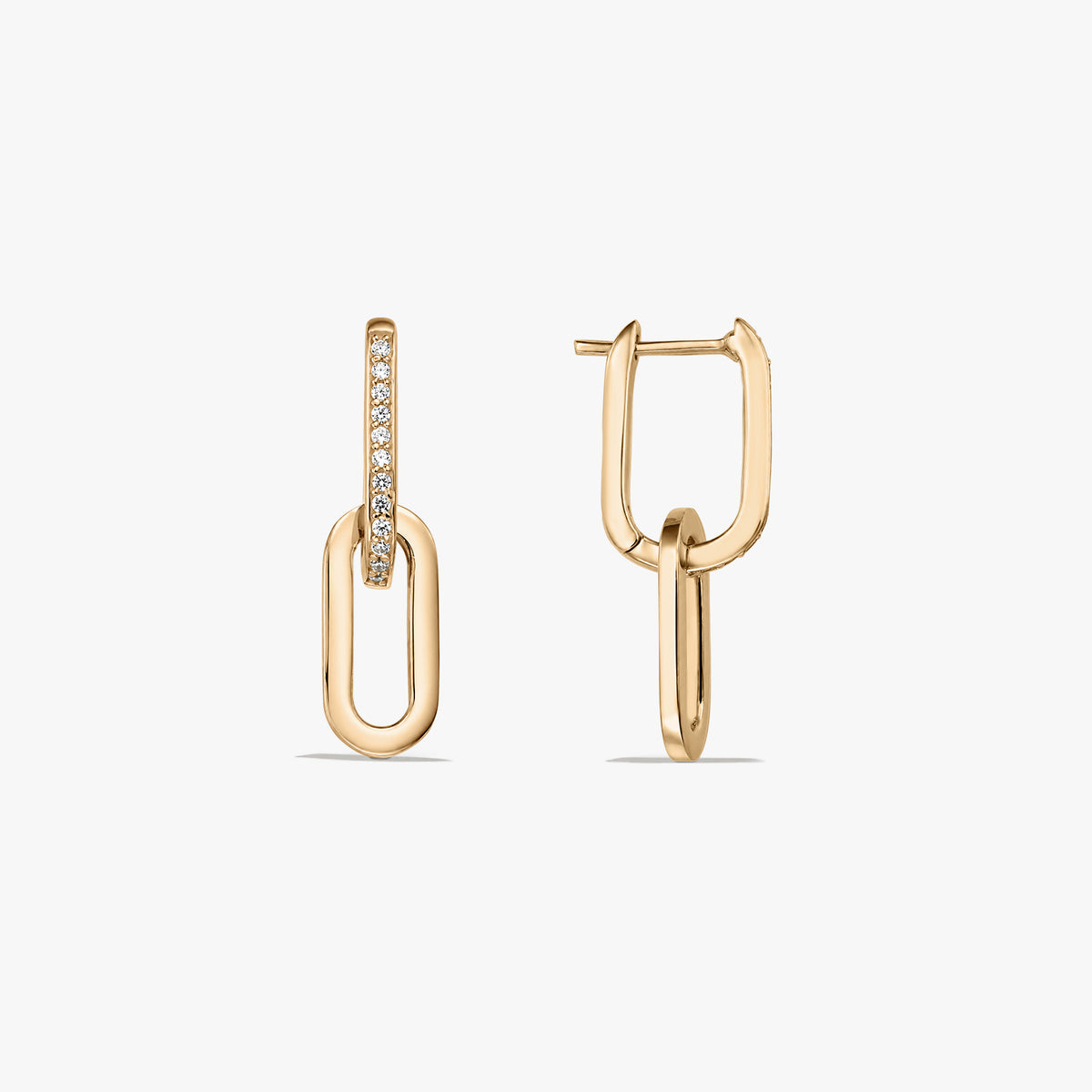 Pair of gold‑plated 925 silver link drop earrings with pavé cubic zirconia on the front bar, shown on a white background.