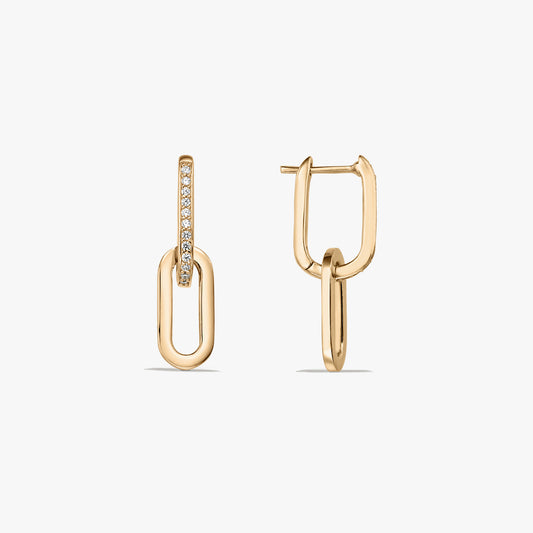 Pair of gold‑plated 925 silver link drop earrings with pavé cubic zirconia on the front bar, shown on a white background.