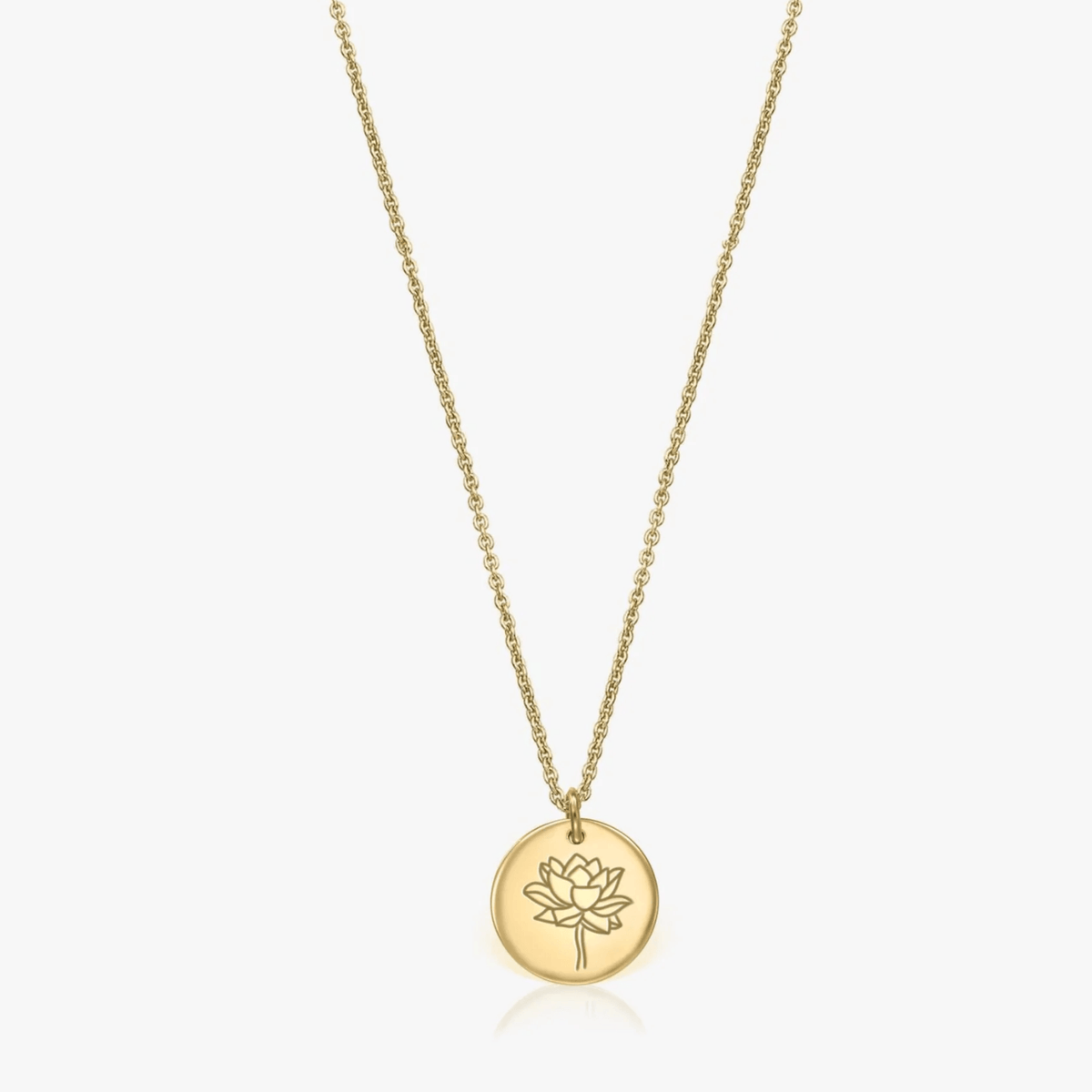 Gold-plated silver necklace with a lotus birth flower pendant on a solid white background.