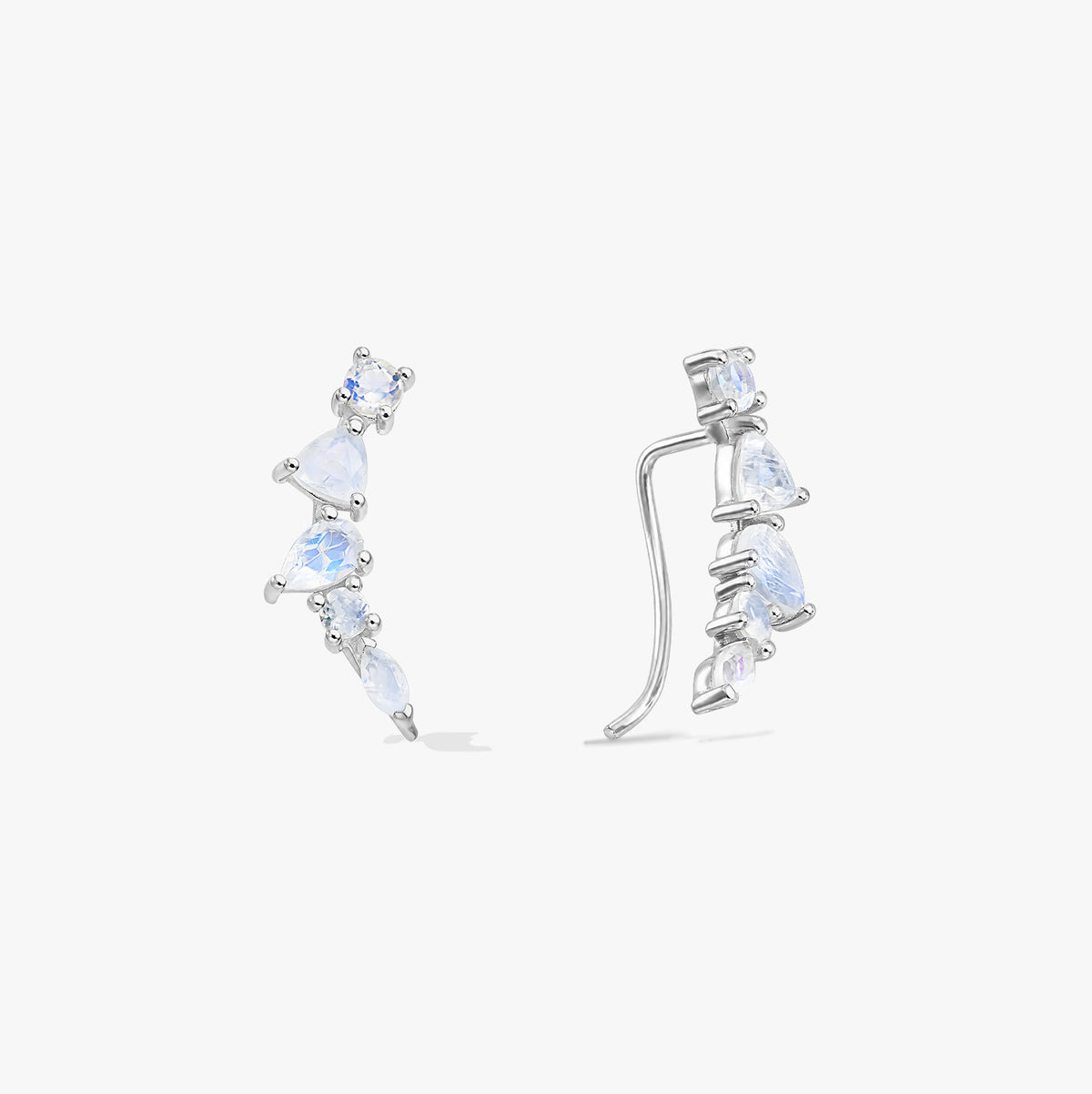 Pair of sterling silver moonstone ear climber earrings shown in front and side view on a white background.