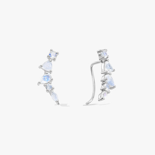 Pair of sterling silver moonstone ear climber earrings shown in front and side view on a white background.