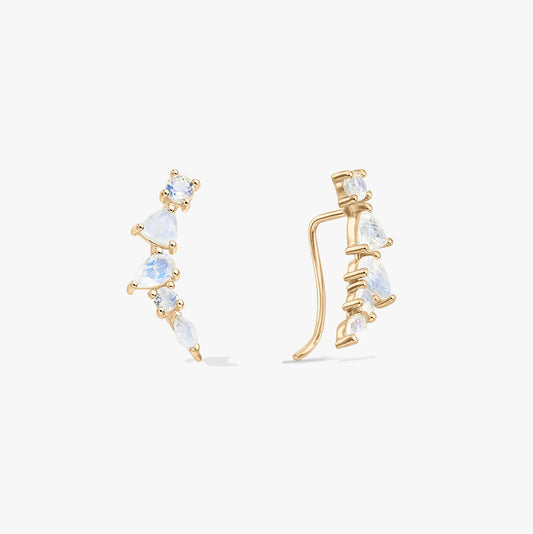 Pair of gold‑tone 925 silver moonstone ear climber cuff earrings on a white background, shown in front and side views with mixed‑cut stones.