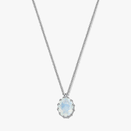 Sterling silver necklace with an oval moonstone pendant on a white background.
