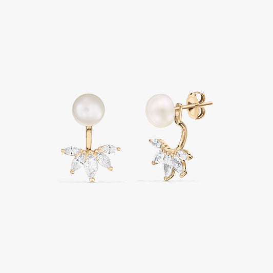 Pair of gold‑plated silver ear jacket stud earrings with round natural pearls and a fan of marquise‑cut clear stones, shown on a white background.
