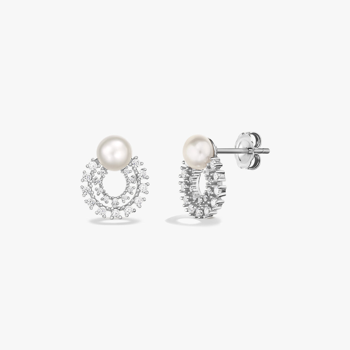 Pair of 925 sterling silver stud earrings with a natural pearl atop a sparkling white cubic zirconia halo, shown front and side on a white background.