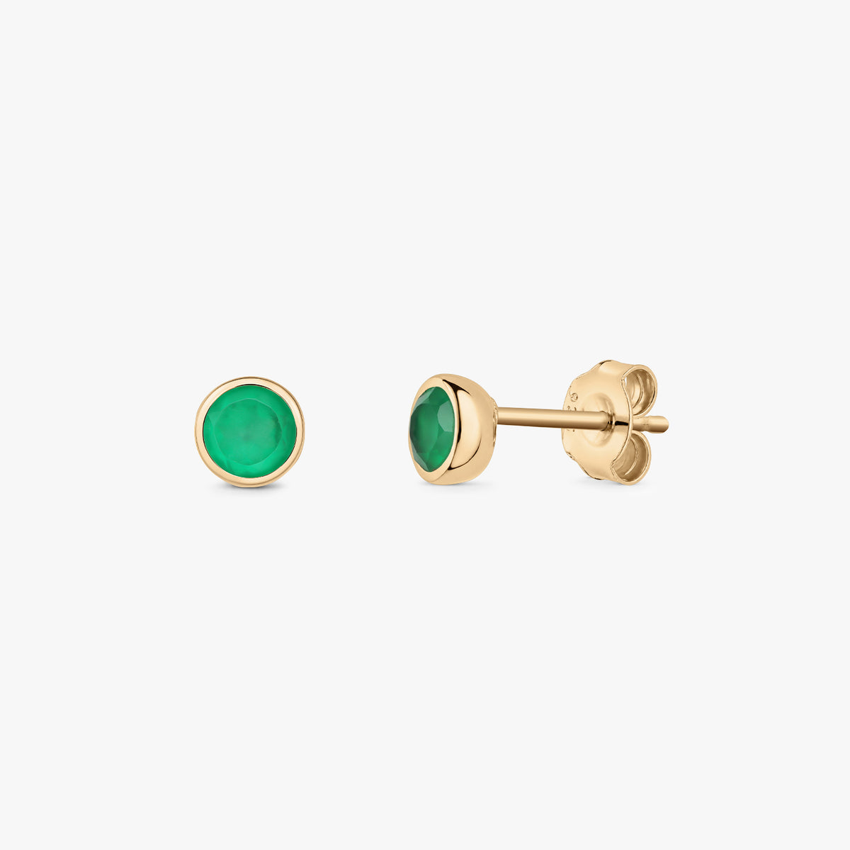Pair of gold‑plated sterling silver stud earrings with round green onyx stones on a white background.