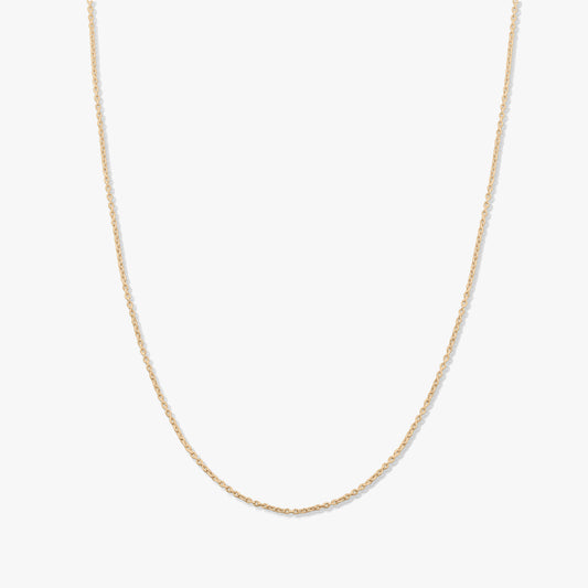 Delicate yellow gold chain necklace with fine links, shown on a white background without a pendant.
