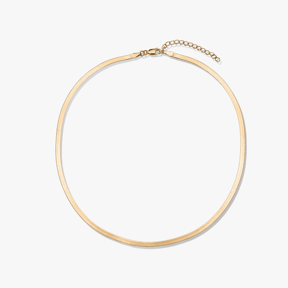 Golden herringbone necklace against a white background.