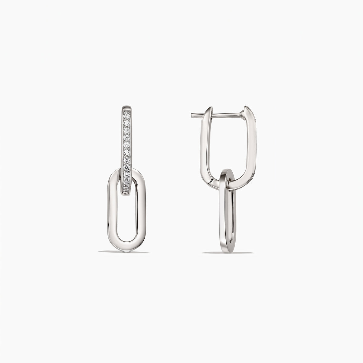 Pair of Jessica silver link drop earrings with clear zirconia pavé on one front link, shown on a white background.