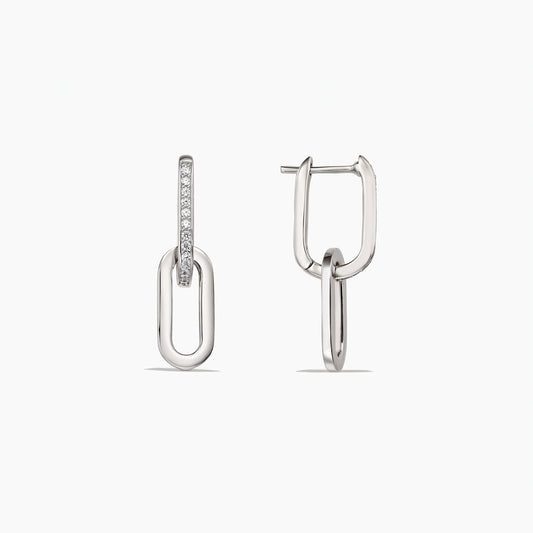 Pair of Jessica silver link drop earrings with clear zirconia pavé on one front link, shown on a white background.