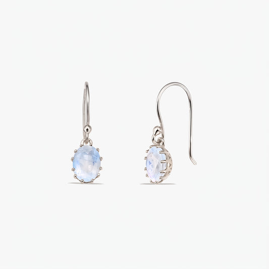 Pair of sterling silver drop earrings with oval faceted moonstone stones on French hooks, shown on a white background (front and side views).