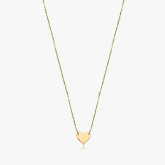 14K gold necklace with a heart-shaped pendant on a white background.
